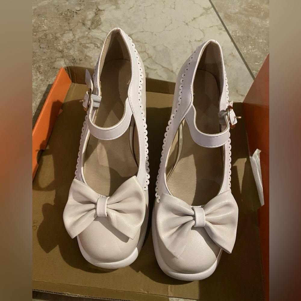 Women Bow Mary Janes Platform Block High Heels Kawaii Shoes Dress Pumps Beige